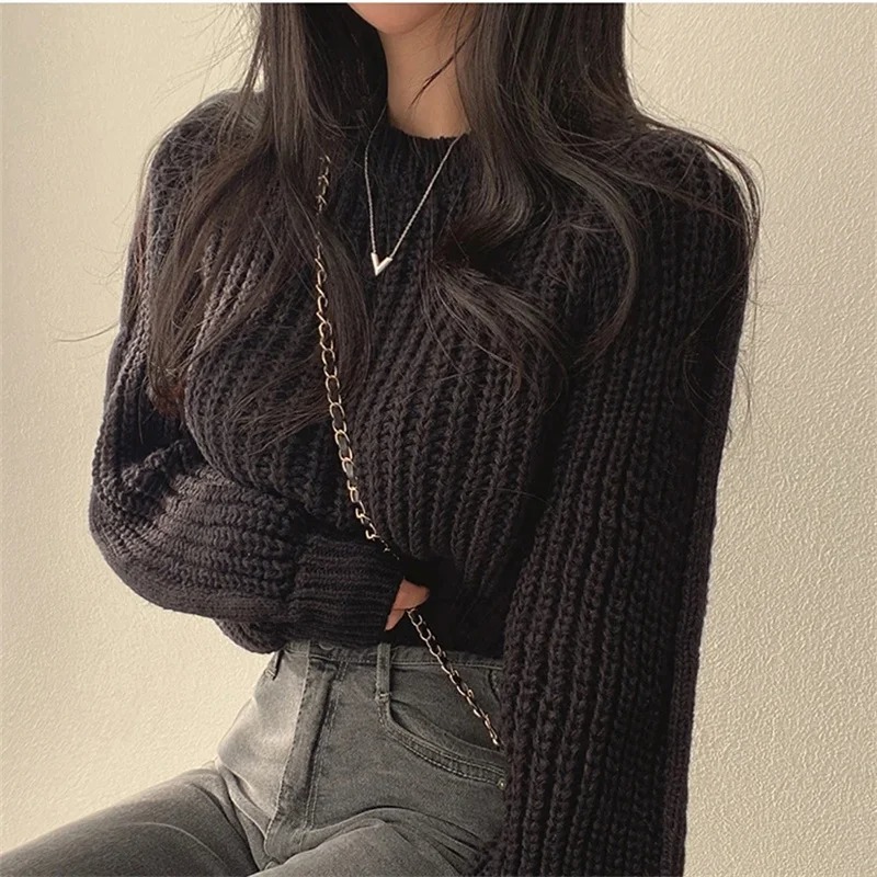 AliExpress Loose Vintage Harajuku Lantern Long Sleeve Women Sweater Korean Autumn Winter Knitwear Soft Warm Tops Chic Solid Femme Sweater