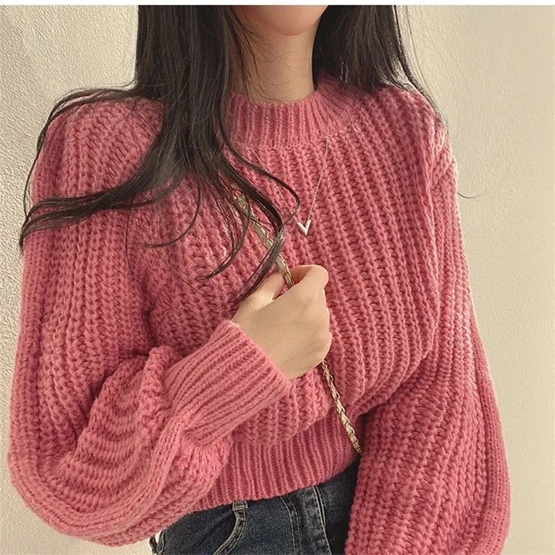 AliExpress Loose Vintage Harajuku Lantern Long Sleeve Women Sweater Korean Autumn Winter Knitwear Soft Warm Tops Chic Solid Femme Sweater, view 5
