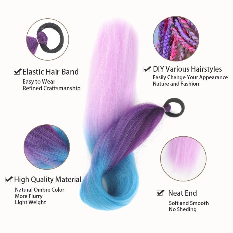 AliExpress LUPU Synthetic Ponytail Extension with Elastic Tie Hair Band 26" Long Straight Colored Braiding Ponytail Ombre Pink Purple Blue, view 2
