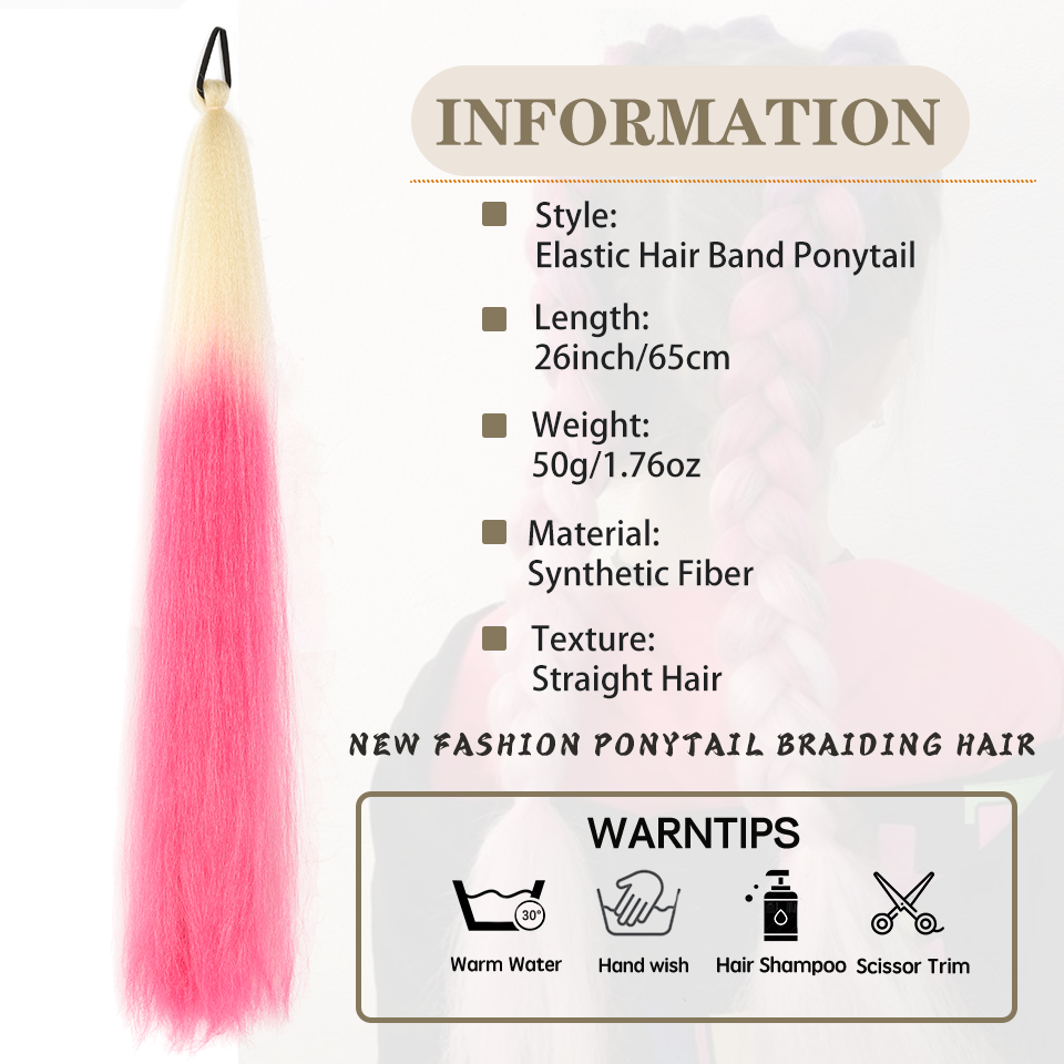 AliExpress LUPU Synthetic Ponytail Extension with Elastic Tie Hair Band 26" Long Straight Colored Braiding Ponytail Ombre Pink Purple Blue, view 3