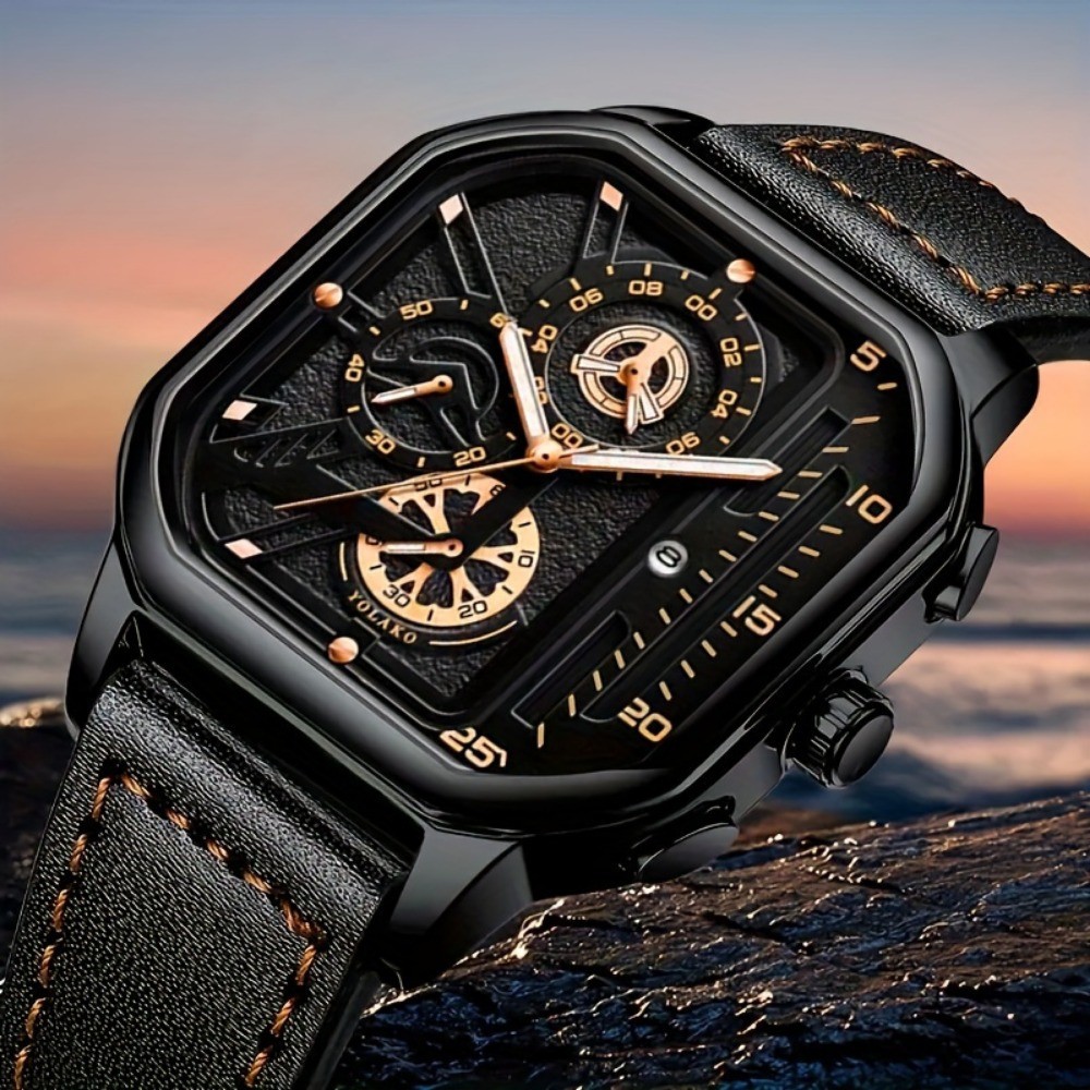 AliExpress Men's Large-Dial Square Quartz Watch with PU Strap