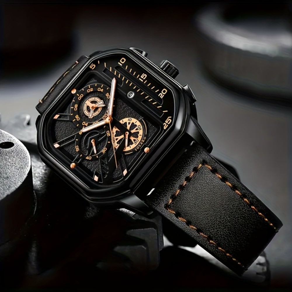 AliExpress Men's Large-Dial Square Quartz Watch with PU Strap, view 2
