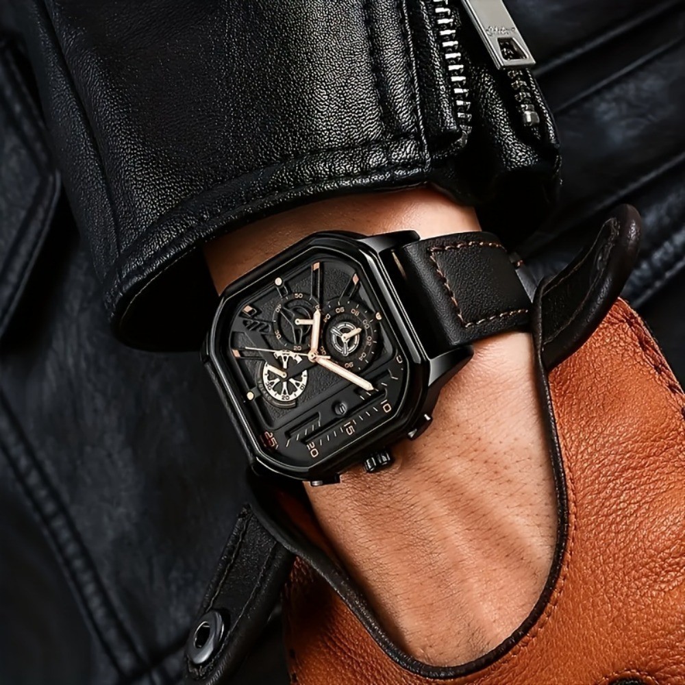 AliExpress Men's Large-Dial Square Quartz Watch with PU Strap, view 4