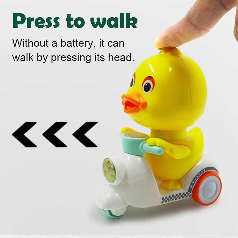 AliExpress Manual Pressing Head Free Rotation Cute Duck Press Car Motorcycle Anti-collision And Anti Drop Baby Toys Mini Car For Kids, view 2