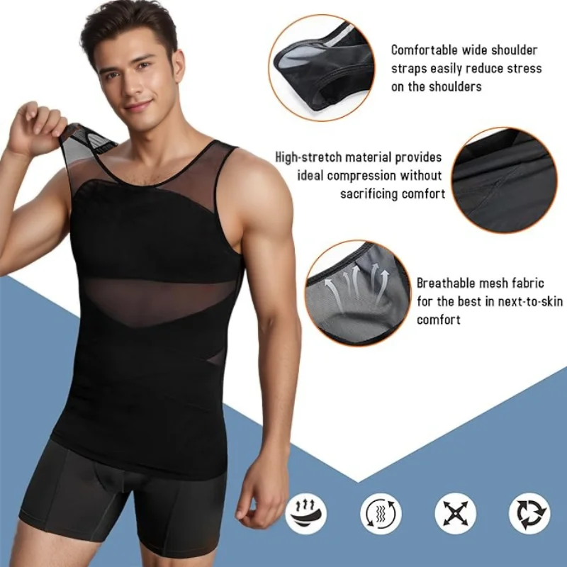 AliExpress Men Compression Shirts for Men Shapewear Chest Abdomen Control Body Shaper Slimming Undershirt Workout Vest Tank Top, view 5