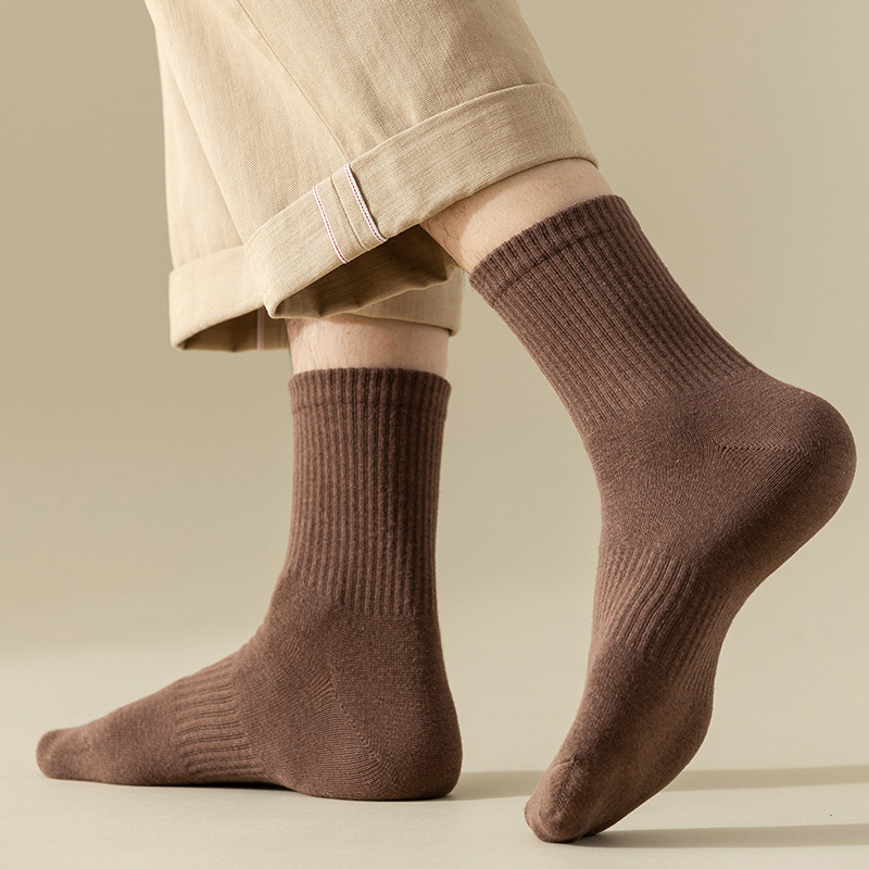 AliExpress Men's Socks Retro Solid Color Coffee White Khaki Beige Breathable Cotton Socks Casual Sport Trendy Fashion Middle Tube Long Sock, view 3