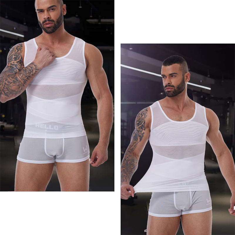 AliExpress Mens Slimming Body Shaper Vest Gynecomastia Compression Shirts Tummy Control Sleeveless Undershirts Criss Cross Mesh Underwear, view 2