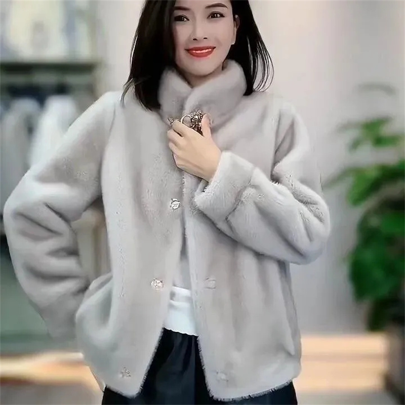 AliExpress Middle Aged Mother's Clothing Autumn Winter Fashion Mink Fur Fur One-Piece Short Style Stand Collar Fur Jacket Female Warm Coat