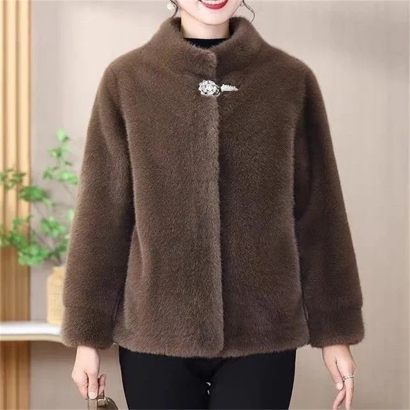AliExpress Middle Aged Mother's Clothing Autumn Winter Fashion Mink Fur Fur One-Piece Short Style Stand Collar Fur Jacket Female Warm Coat, view 2