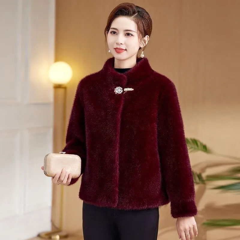 AliExpress Middle Aged Mother's Clothing Autumn Winter Fashion Mink Fur Fur One-Piece Short Style Stand Collar Fur Jacket Female Warm Coat, view 3