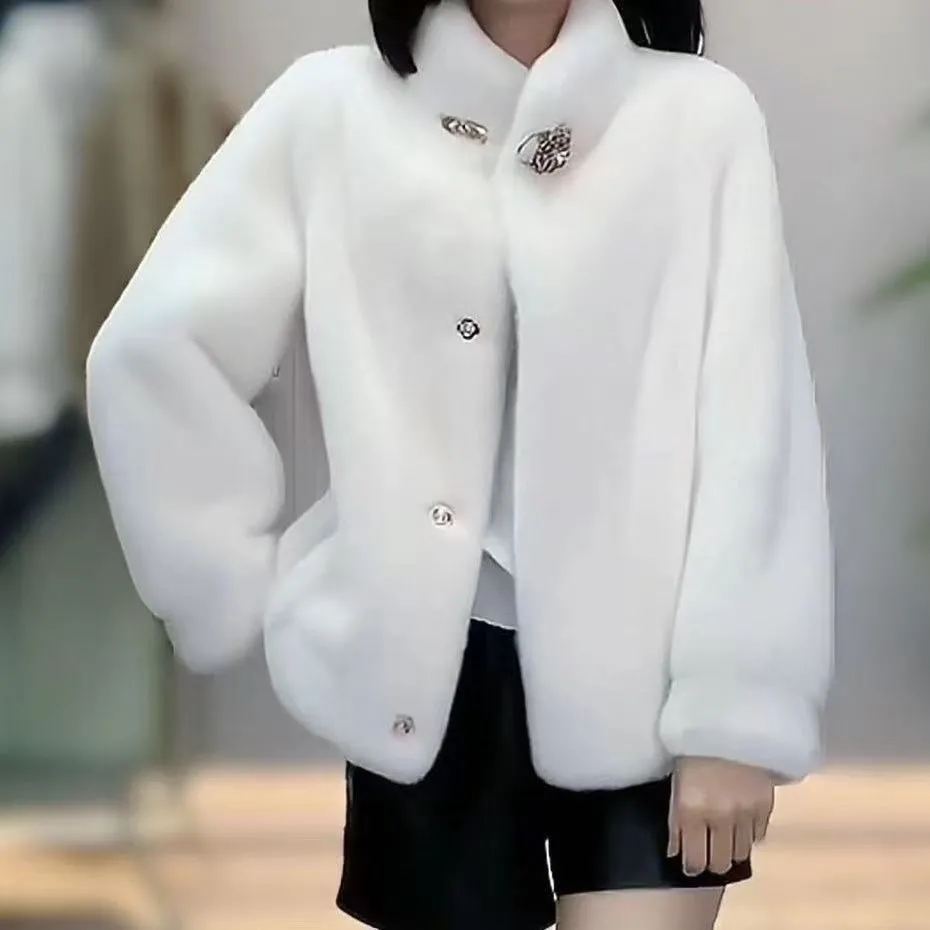 AliExpress Middle Aged Mother's Clothing Autumn Winter Fashion Mink Fur Fur One-Piece Short Style Stand Collar Fur Jacket Female Warm Coat, view 4