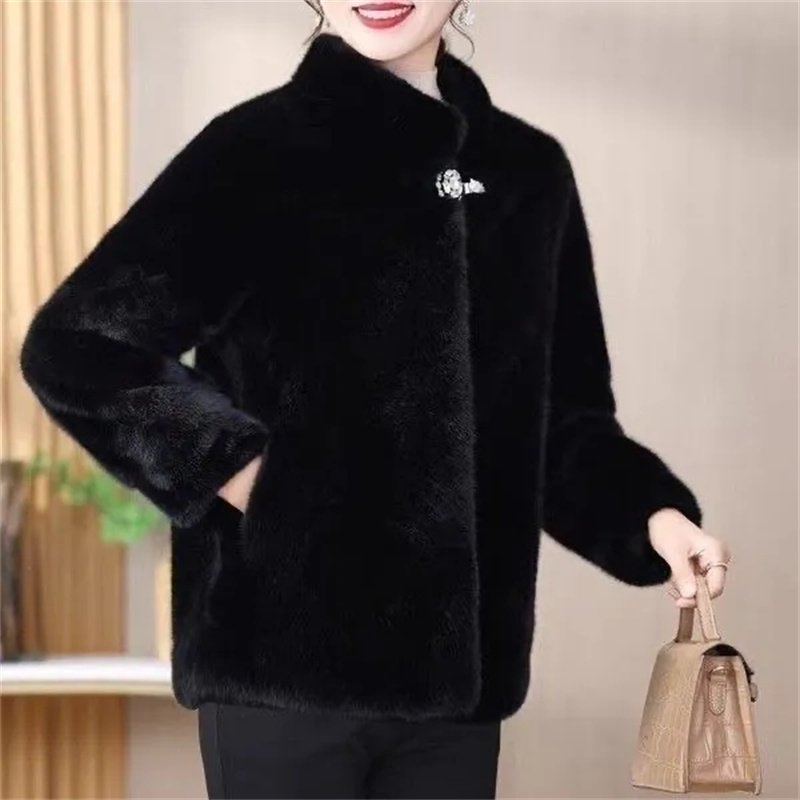 AliExpress Middle Aged Mother's Clothing Autumn Winter Fashion Mink Fur Fur One-Piece Short Style Stand Collar Fur Jacket Female Warm Coat, view 5