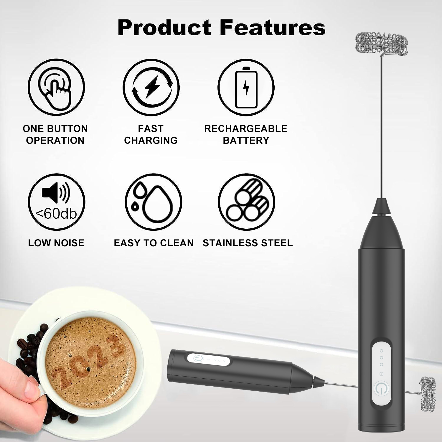 AliExpress MINI Milk Frother USB Rechargeable 3 Speeds Foam Maker Coffee Whisk Mixer Electric Handle Blender Egg Beater, view 2
