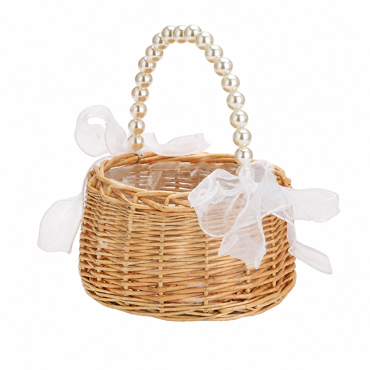AliExpress Mini Pearl Handle Princess Basket, Small Woven Gift Basket with White Bow for Wedding, Flower Girl and Ceremony Use