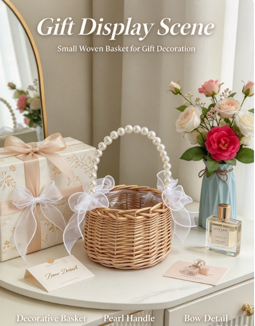 AliExpress Mini Pearl Handle Princess Basket, Small Woven Gift Basket with White Bow for Wedding, Flower Girl and Ceremony Use, view 2