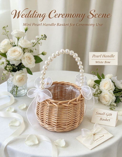 AliExpress Mini Pearl Handle Princess Basket, Small Woven Gift Basket with White Bow for Wedding, Flower Girl and Ceremony Use, view 3