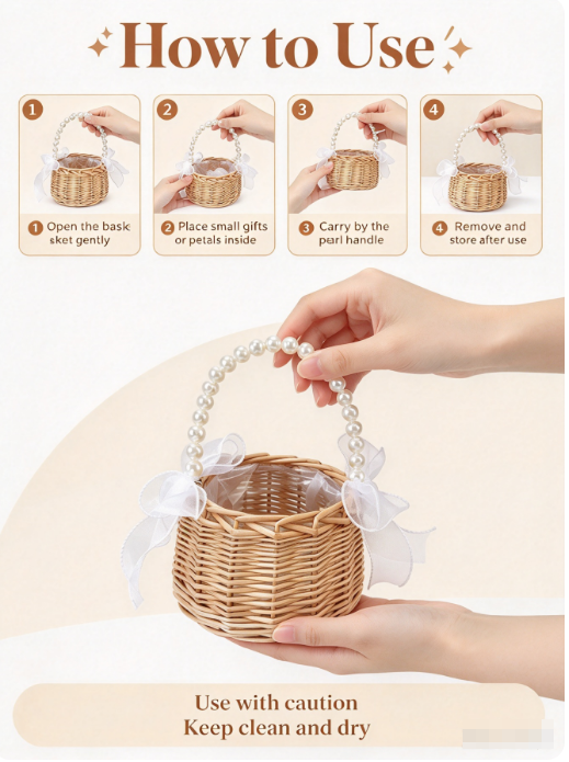 AliExpress Mini Pearl Handle Princess Basket, Small Woven Gift Basket with White Bow for Wedding, Flower Girl and Ceremony Use, view 4