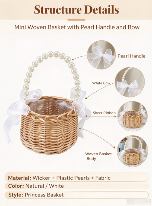 AliExpress Mini Pearl Handle Princess Basket, Small Woven Gift Basket with White Bow for Wedding, Flower Girl and Ceremony Use, view 5