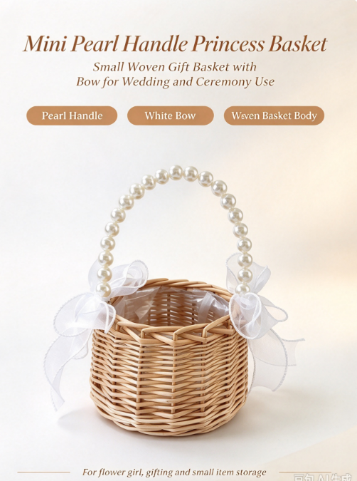 AliExpress Mini Pearl Handle Princess Basket, Small Woven Gift Basket with White Bow for Wedding, Flower Girl and Ceremony Use, view 6