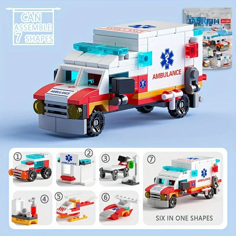 AliExpress Mini size 6 In 1 Building Blocks DIY Police Car Fire Truck Castle Model Bricks Kids Educational Toys Gifts, view 3