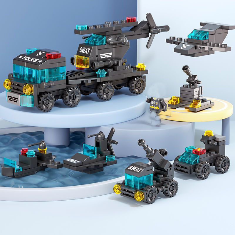 AliExpress Mini size 6 In 1 Building Blocks DIY Police Car Fire Truck Castle Model Bricks Kids Educational Toys Gifts, view 4