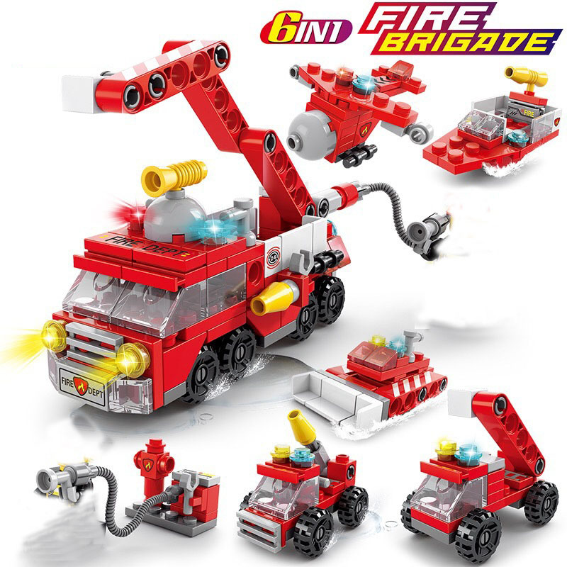 AliExpress Mini size 6 In 1 Building Blocks DIY Police Car Fire Truck Castle Model Bricks Kids Educational Toys Gifts, view 5