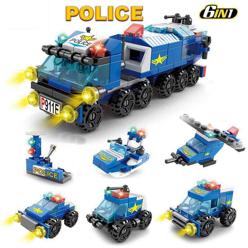 AliExpress Mini size 6 In 1 Building Blocks DIY Police Car Fire Truck Castle Model Bricks Kids Educational Toys Gifts, view 6