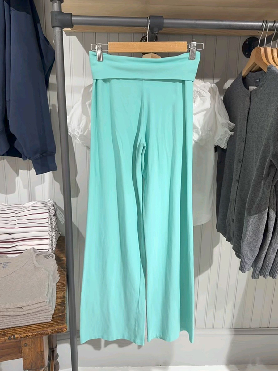 AliExpress Mint Green Foldover Straight Pants Women Summer Low Waist Cotton Trousers Casual Sweet Girl Preppy Style New Sport Yoga Pants