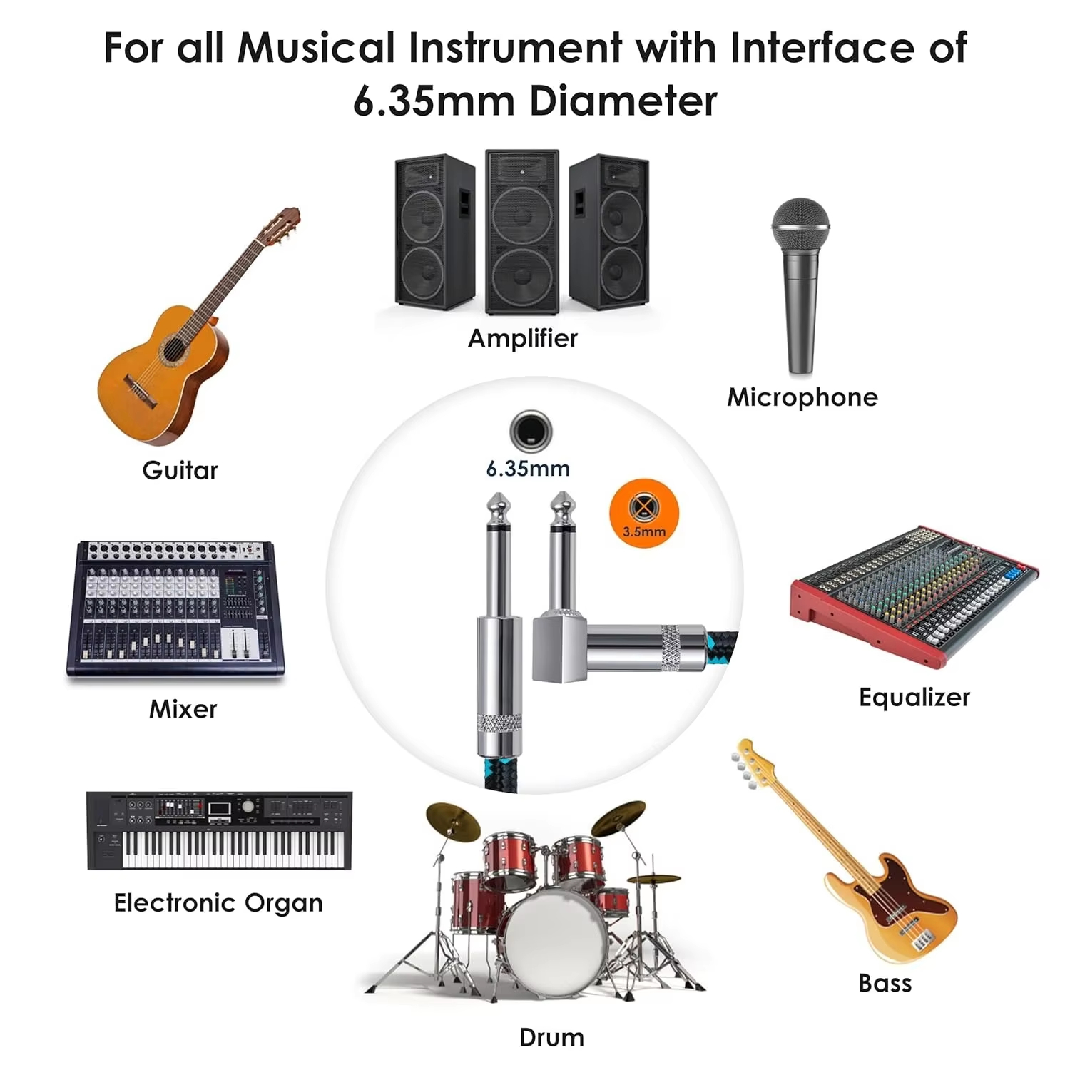 AliExpress Miwayer Electric Instrument Mono Cable, 1.5/3/6m Straight Elbow Audio Line for Guitar Bass Amplifier Use, view 4