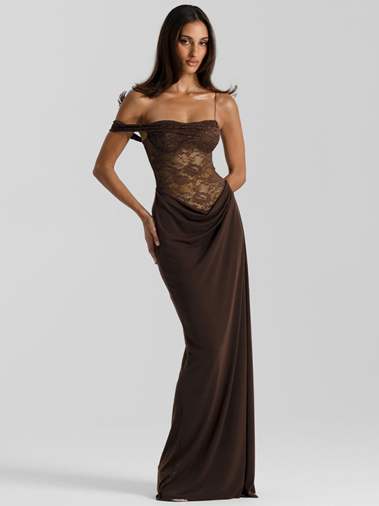 AliExpress Mozision One Shoulder Lace See Through Sexy Maxi Dress Women Gown Fashion Off-shoulder Sleeveless Backless Club Long Dresses