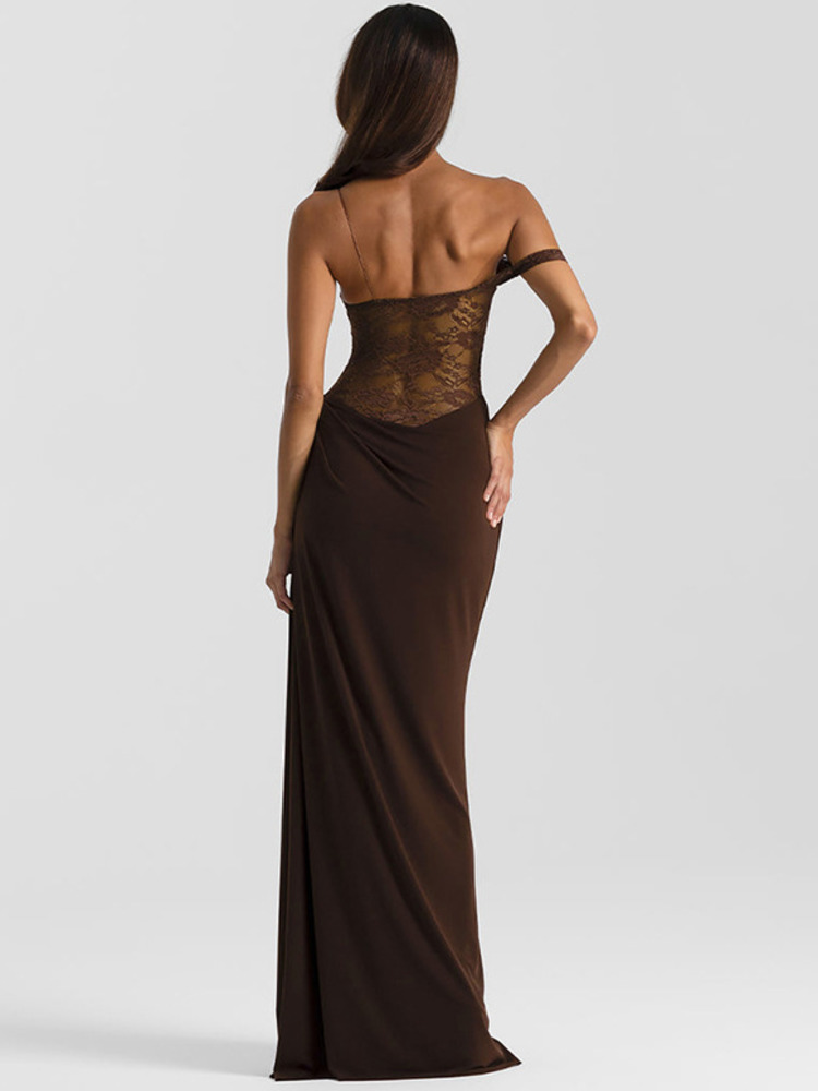 AliExpress Mozision One Shoulder Lace See Through Sexy Maxi Dress Women Gown Fashion Off-shoulder Sleeveless Backless Club Long Dresses, view 3