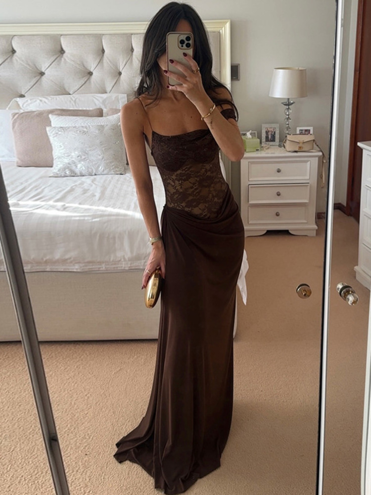AliExpress Mozision One Shoulder Lace See Through Sexy Maxi Dress Women Gown Fashion Off-shoulder Sleeveless Backless Club Long Dresses, view 4