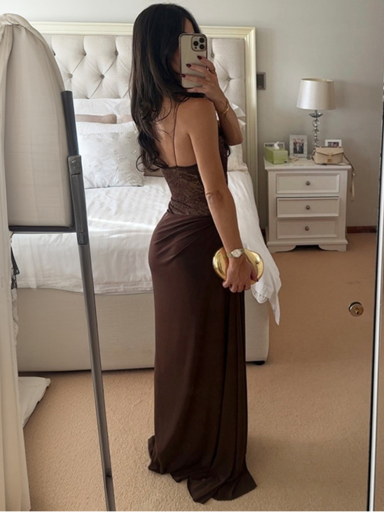 AliExpress Mozision One Shoulder Lace See Through Sexy Maxi Dress Women Gown Fashion Off-shoulder Sleeveless Backless Club Long Dresses, view 5