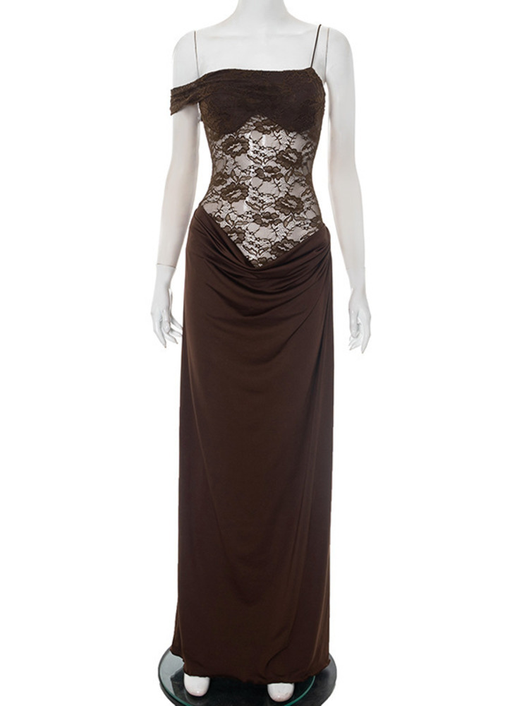 AliExpress Mozision One Shoulder Lace See Through Sexy Maxi Dress Women Gown Fashion Off-shoulder Sleeveless Backless Club Long Dresses, view 6