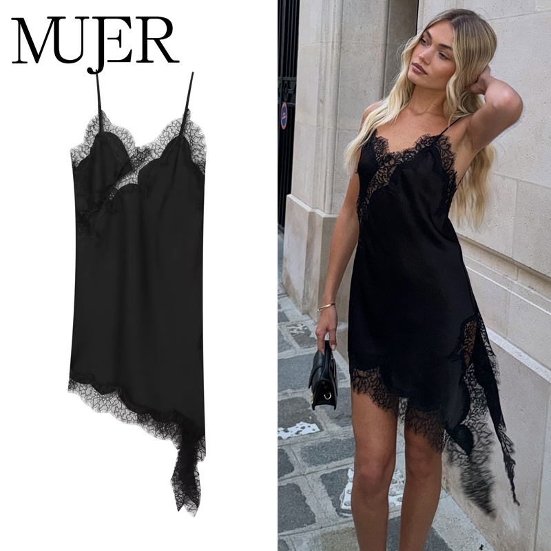 AliExpress MUJER 2025 Lace Slip Dress Woman Black Backless Short Dresses for Women Asymmetric Party Women's Summer Dress Satin Sexy Dresses