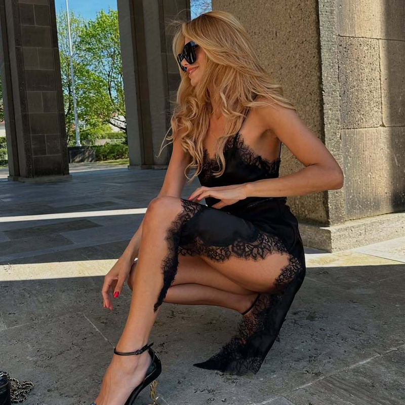 AliExpress MUJER 2025 Lace Slip Dress Woman Black Backless Short Dresses for Women Asymmetric Party Women's Summer Dress Satin Sexy Dresses, view 6