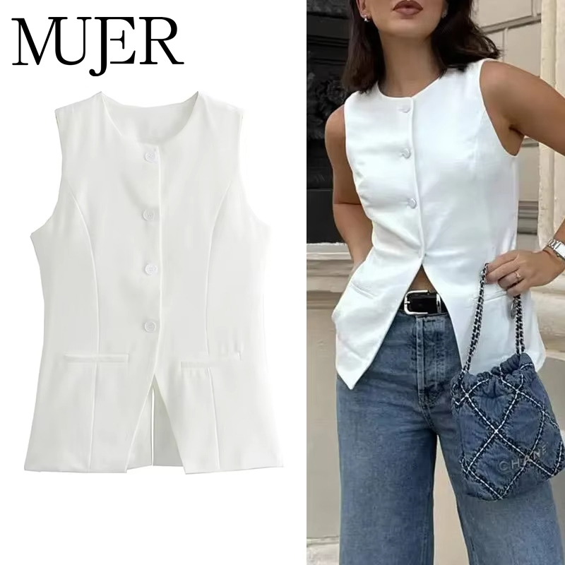 AliExpress MUJER 2025 Women Vest Button Sleeveless Jacket Women Waistcoat Summer White Vest Woman Fashion Elegant Women's Suit Vest Coat