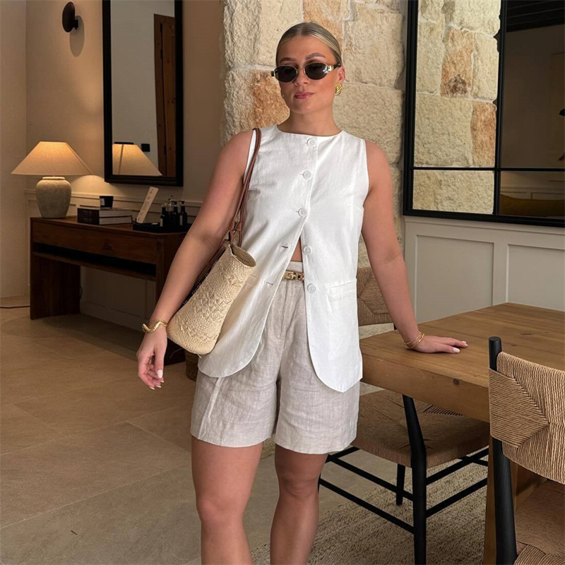 AliExpress MUJER 2025 Women Vest Button Sleeveless Jacket Women Waistcoat Summer White Vest Woman Fashion Elegant Women's Suit Vest Coat, view 5
