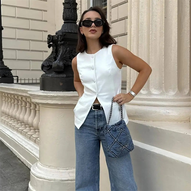 AliExpress MUJER 2025 Women Vest Button Sleeveless Jacket Women Waistcoat Summer White Vest Woman Fashion Elegant Women's Suit Vest Coat, view 6
