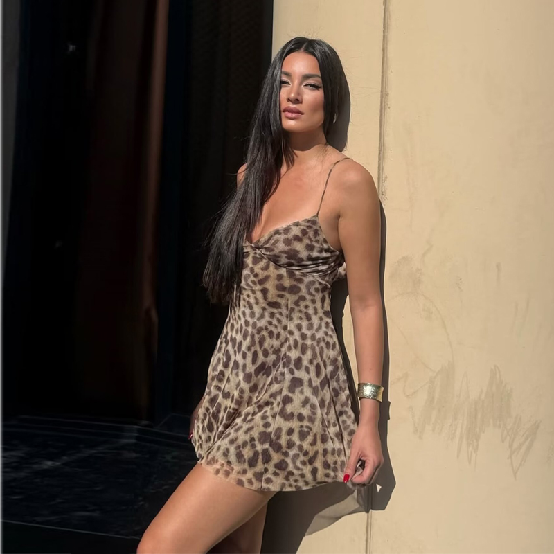 AliExpress MUJER 2026 Tulle Mini Dress Woman Leopard Print Slip Dress Women Sexy Backless Short Dresses for Women Draped Party Dresses, view 5
