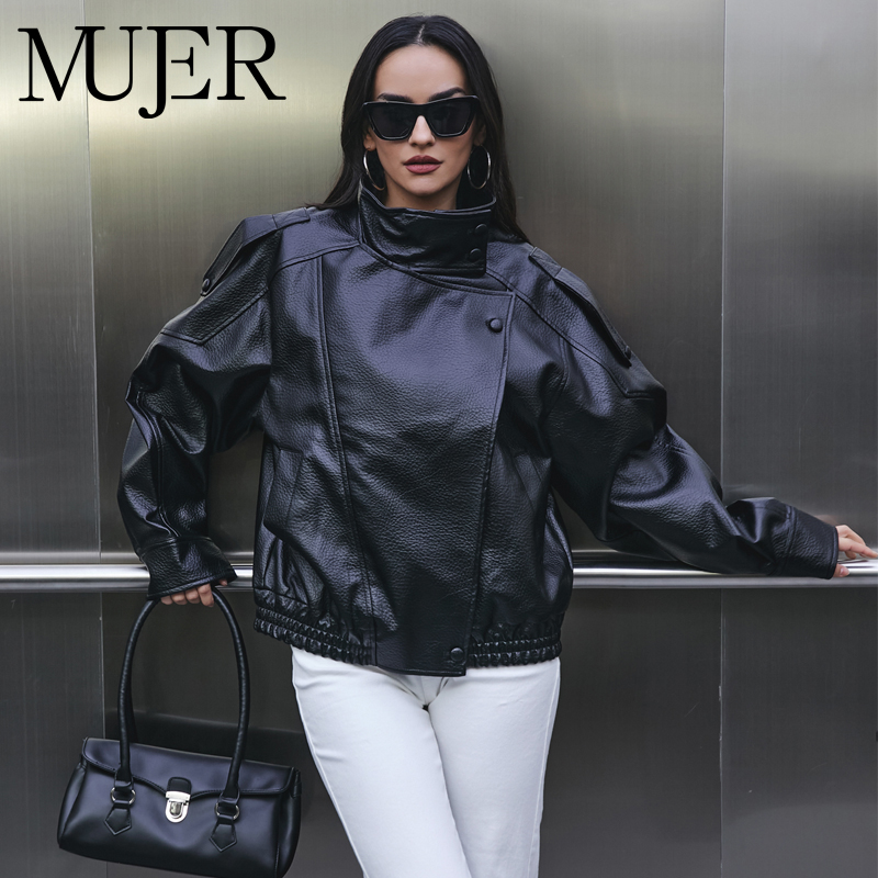 AliExpress MUJER Faux Leather Women's Jacket Black Oversize Bomber Jackets for Women Outerwears Winter Overcoat Female Fashion Jacket Woman