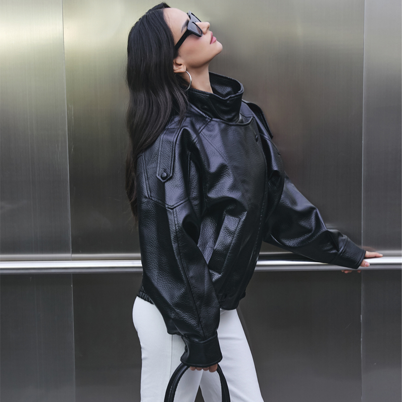 AliExpress MUJER Faux Leather Women's Jacket Black Oversize Bomber Jackets for Women Outerwears Winter Overcoat Female Fashion Jacket Woman, view 2