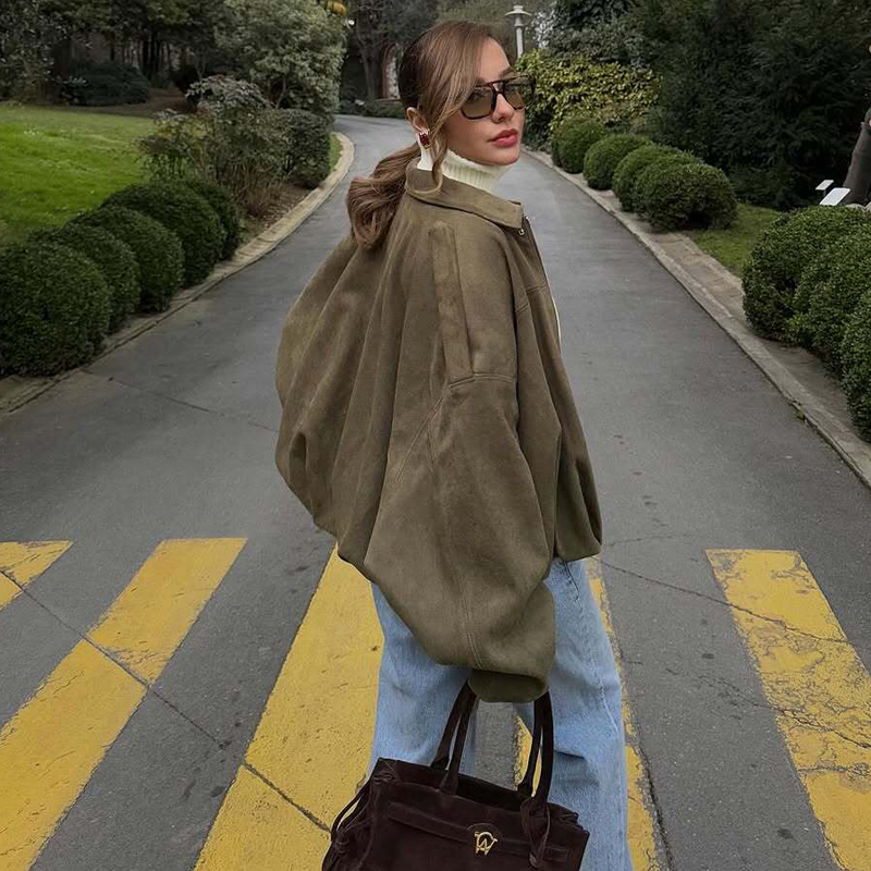 AliExpress MUJER Faux Suede Bomber Jackets for Women Zip Oversized Jacket Woman Outerwears Padded Varsity Jackets Streetwear Women's Coats, view 2