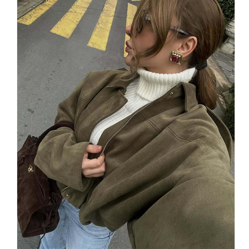 AliExpress MUJER Faux Suede Bomber Jackets for Women Zip Oversized Jacket Woman Outerwears Padded Varsity Jackets Streetwear Women's Coats, view 3