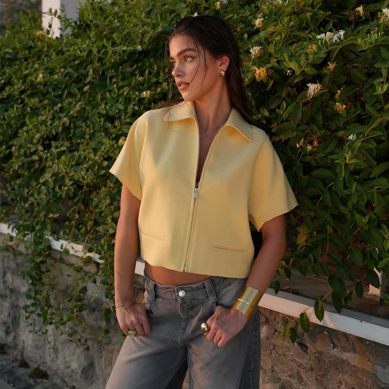 AliExpress MUJER Women's Cropped Jacket Short Sleeve Varsity Jackets for Women Summer Zip up New in Coats and Jackets Holiday Outerwears, view 2
