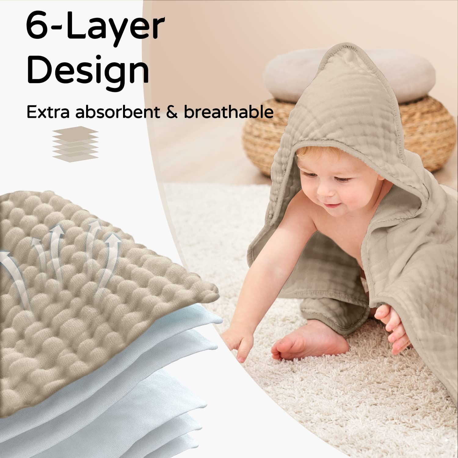 AliExpress Muslin Hooded Baby Towels, 100% Cotton, Ultra-Soft & Absorbent Baby Bath Towels with Hood for Newborn & Infant, view 6