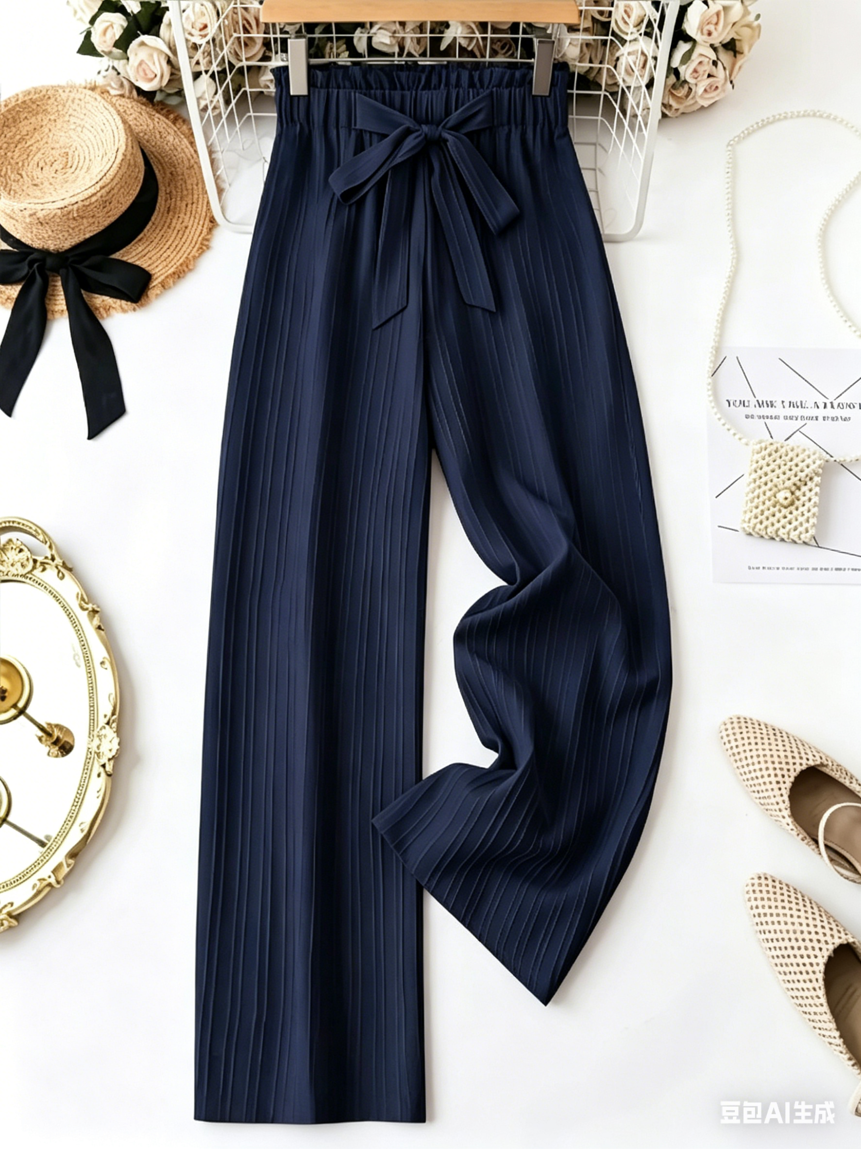 AliExpress Navy Blue Women's Wide Leg Pants High Waist Bow Tie Elastic Waist Casual Trousers Summer 2026 New Arrival Textured Flowy Pants