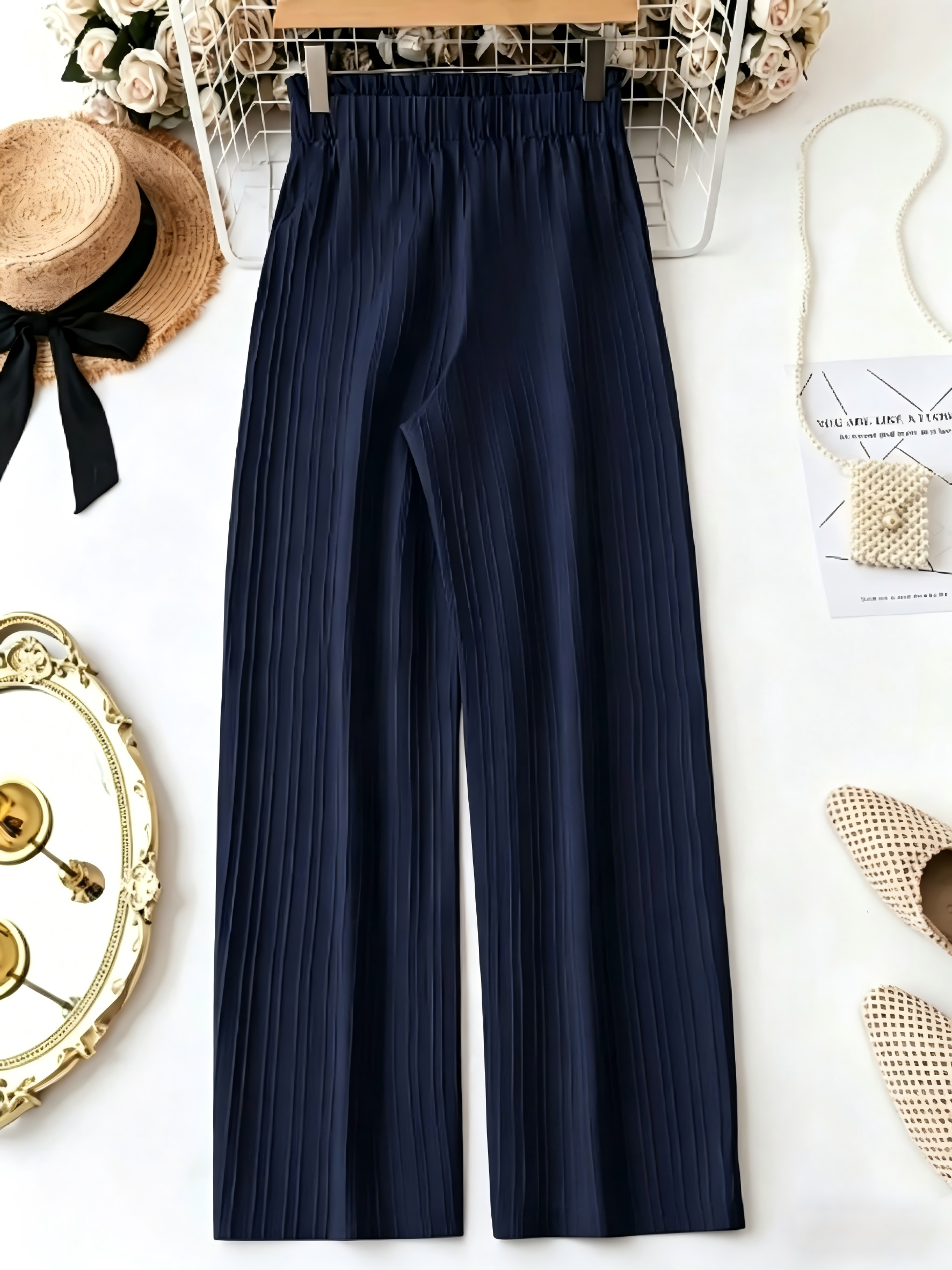 AliExpress Navy Blue Women's Wide Leg Pants High Waist Bow Tie Elastic Waist Casual Trousers Summer 2026 New Arrival Textured Flowy Pants, view 4