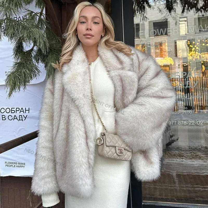 AliExpress Neo Mint 2024 Winter Ins Hot Fashion Girls Oversized Gradient Fur Coat Women Thick Warm Outerwear Fluffy Faux Fox Fur Jacket, view 3