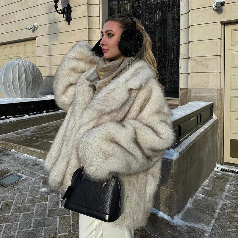 AliExpress Neo Mint 2024 Winter Ins Hot Fashion Girls Oversized Gradient Fur Coat Women Thick Warm Outerwear Fluffy Faux Fox Fur Jacket, view 4
